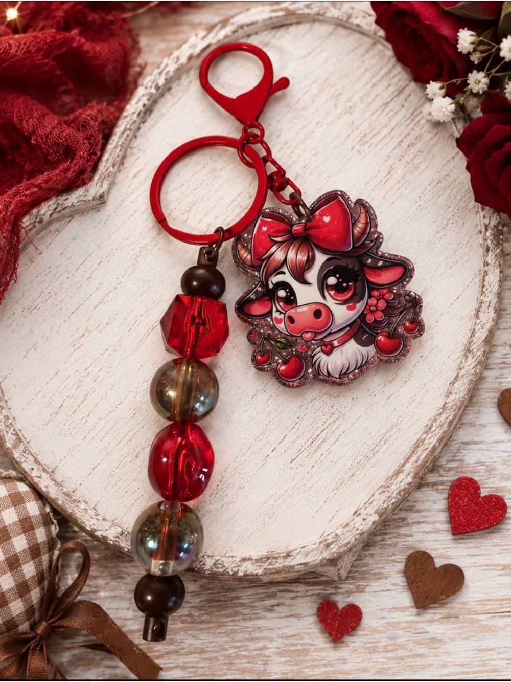 Hand Crafted Beaded Red Cow Charm Keychain